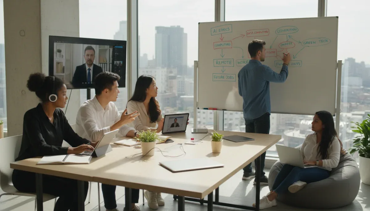 Jóvenes profesionales en un entorno de aprendizaje híbrido, combinando clases virtuales y colaboración presencial.