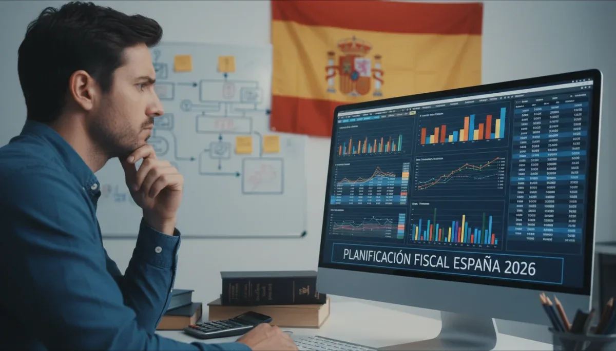 Persona analizando datos fiscales y gráficos en un ordenador, con la bandera de España de fondo, simbolizando las novedades tributarias de 2026.