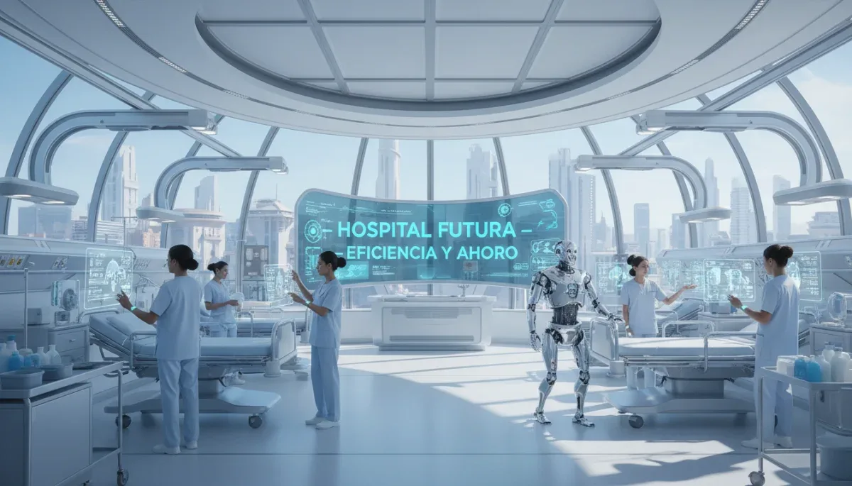 Profesionales sanitarios interactuando con tecnología digital avanzada en un hospital moderno español, simbolizando la eficiencia y el ahorro de costes.