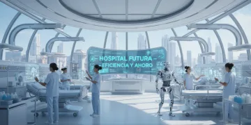 Profesionales sanitarios interactuando con tecnología digital avanzada en un hospital moderno español, simbolizando la eficiencia y el ahorro de costes.