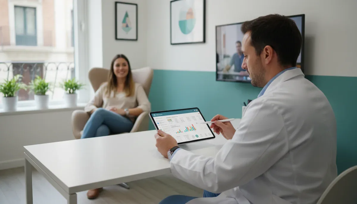 Médico español consultando historial clínico electrónico en una tablet, destacando la digitalización de expedientes médicos.