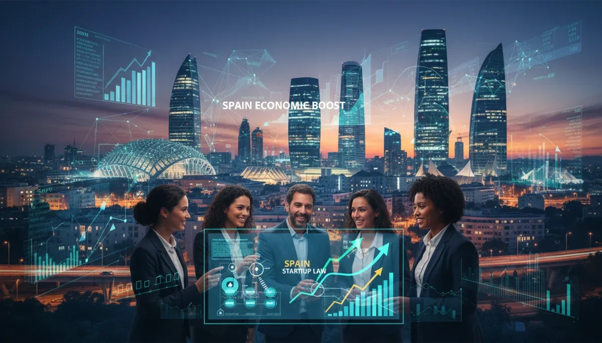 Panorama urbano español moderno con gráficos de crecimiento y profesionales colaborando sobre la Ley de Startups.