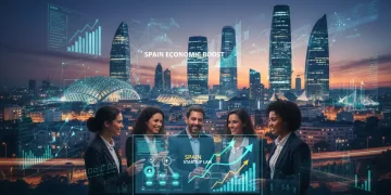Panorama urbano español moderno con gráficos de crecimiento y profesionales colaborando sobre la Ley de Startups.