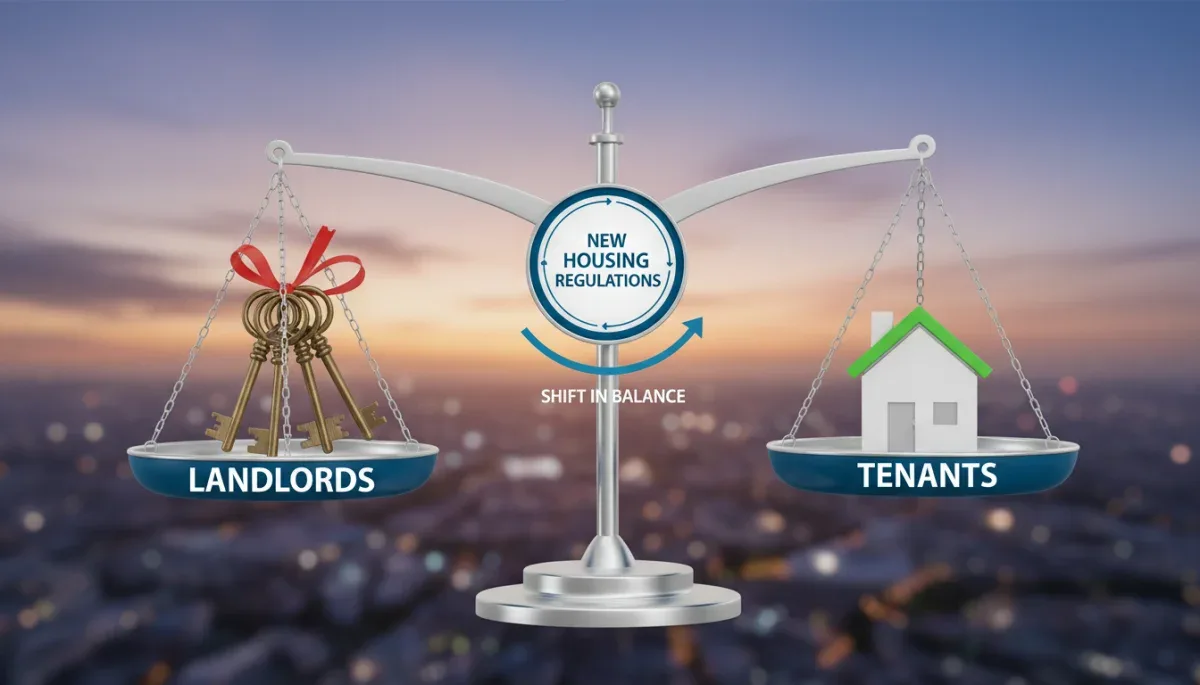 Infografía de una balanza representando el equilibrio entre propietarios e inquilinos afectado por la nueva Ley de Vivienda.