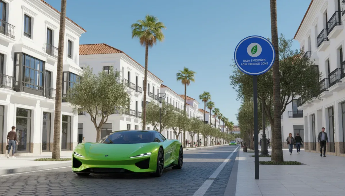 Coche eléctrico circulando por una Zona de Bajas Emisiones en una ciudad española, con edificios modernos y señalización clara.