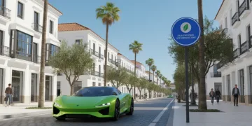 Coche eléctrico circulando por una Zona de Bajas Emisiones en una ciudad española, con edificios modernos y señalización clara.