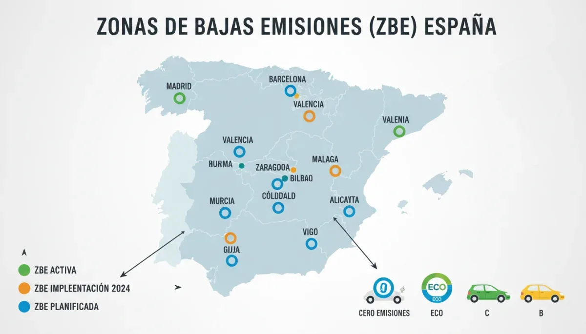 Mapa de España con ciudades marcadas por la implementación de Zonas de Bajas Emisiones y etiquetas medioambientales de la DGT.