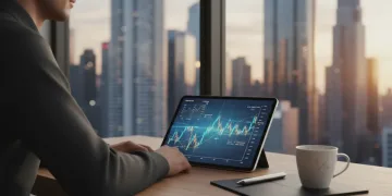 Hombre analizando gráficos financieros en una tablet, planificando su jubilación con planes de pensiones en España.