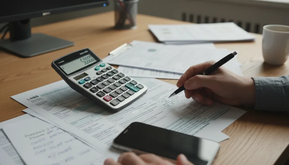 Manos calculando beneficios fiscales de planes de pensiones con calculadora y documentos.