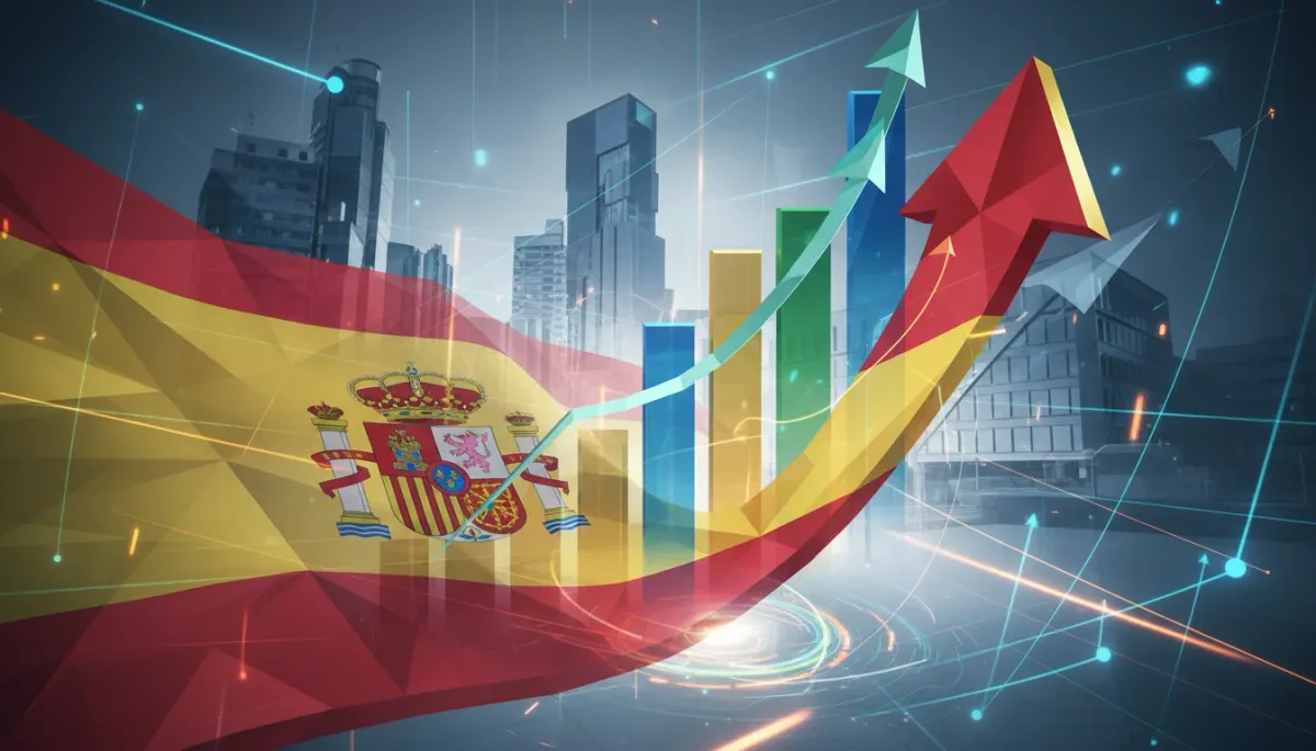 Gráfico abstracto de crecimiento financiero con elementos de la bandera española, simbolizando las regulaciones de inversión en España para 2026.