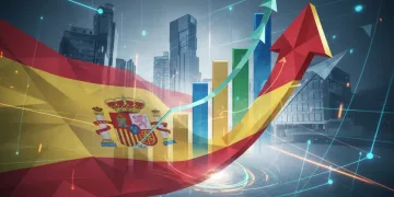 Gráfico abstracto de crecimiento financiero con elementos de la bandera española, simbolizando las regulaciones de inversión en España para 2026.