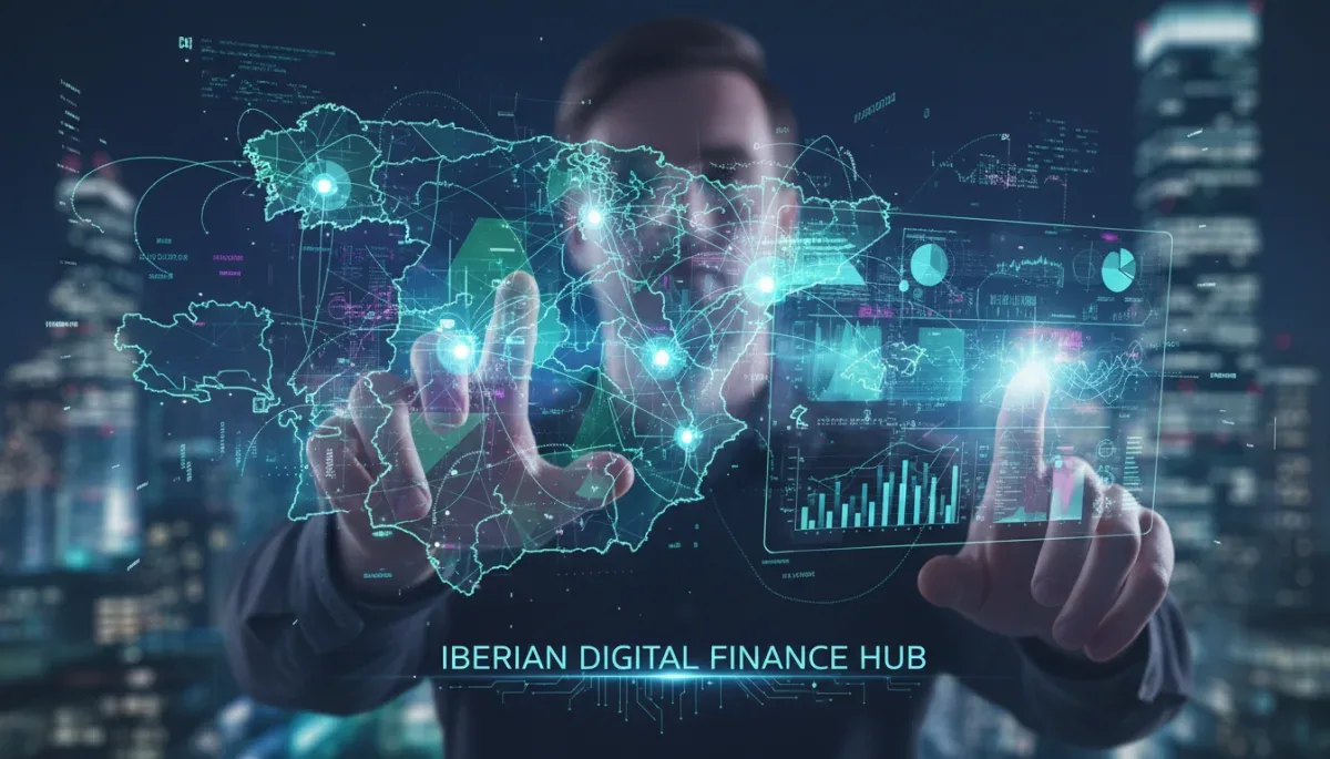 Mapa digitalizado de España con datos financieros y manos interactuando con una interfaz holográfica, representando la digitalización bancaria en 2026.