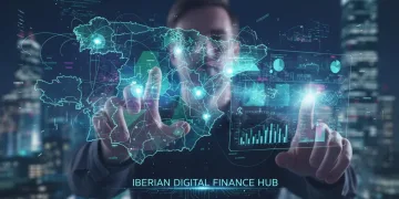 Mapa digitalizado de España con datos financieros y manos interactuando con una interfaz holográfica, representando la digitalización bancaria en 2026.