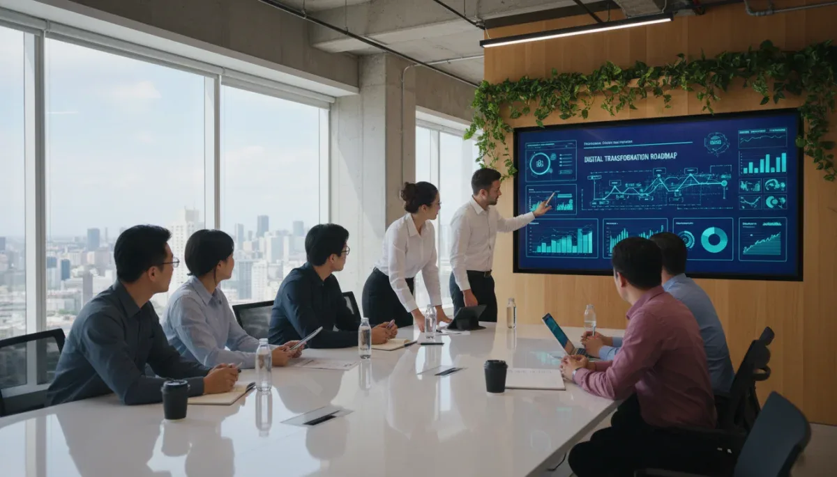 Equipo de profesionales colaborando en un entorno de oficina moderno, analizando datos financieros y estrategias de transformación digital.