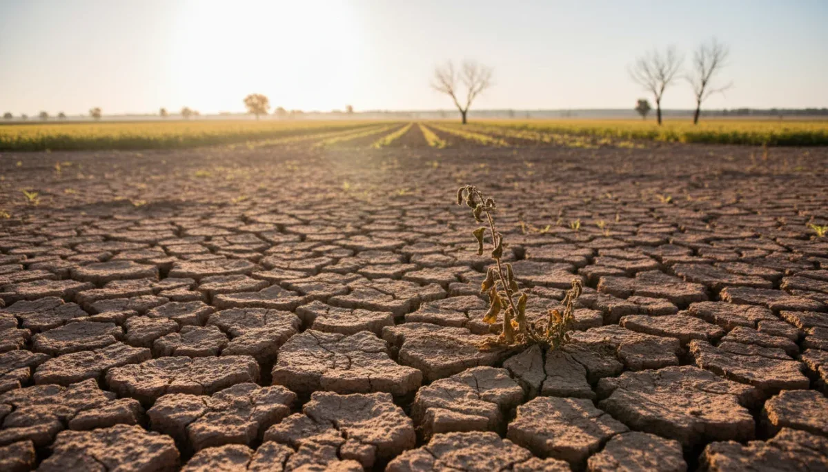 Campo español afectado por sequía severa en 2026, con tierra agrietada y cultivos marchitos bajo un sol implacable.