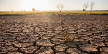 Campo español afectado por sequía severa en 2026, con tierra agrietada y cultivos marchitos bajo un sol implacable.