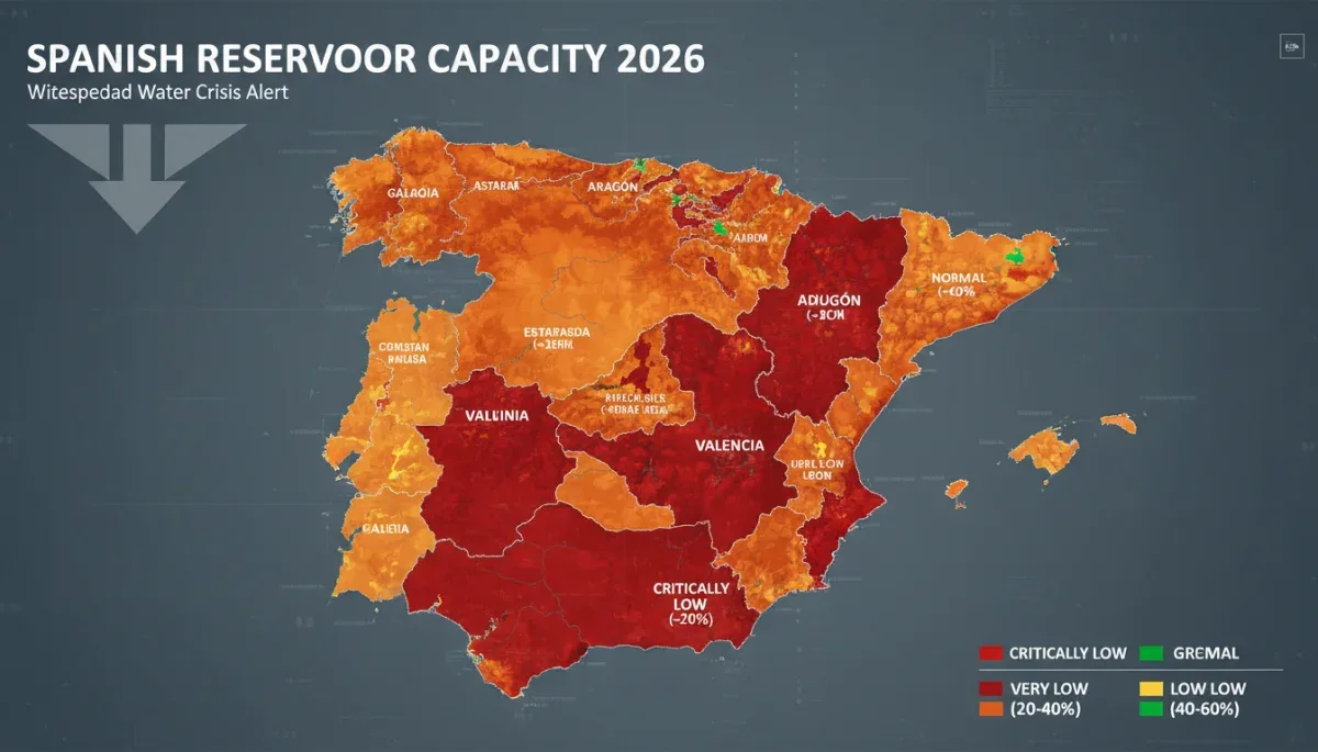 Infografía detallada de los niveles de embalses en España en 2026, mostrando la crítica situación hídrica por regiones.