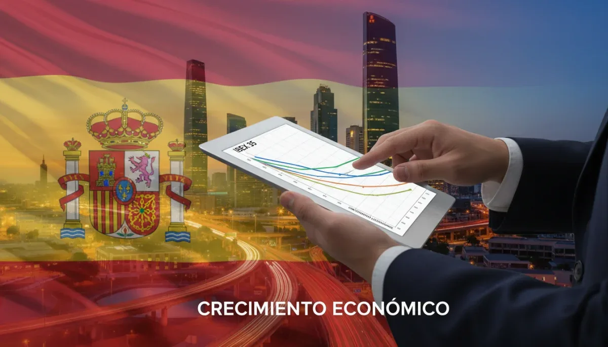 Gráfico financiero ascendente sobre el fondo de la bandera española, representando el progreso económico y la resiliencia nacional.