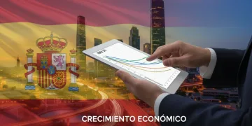 Gráfico financiero ascendente sobre el fondo de la bandera española, representando el progreso económico y la resiliencia nacional.