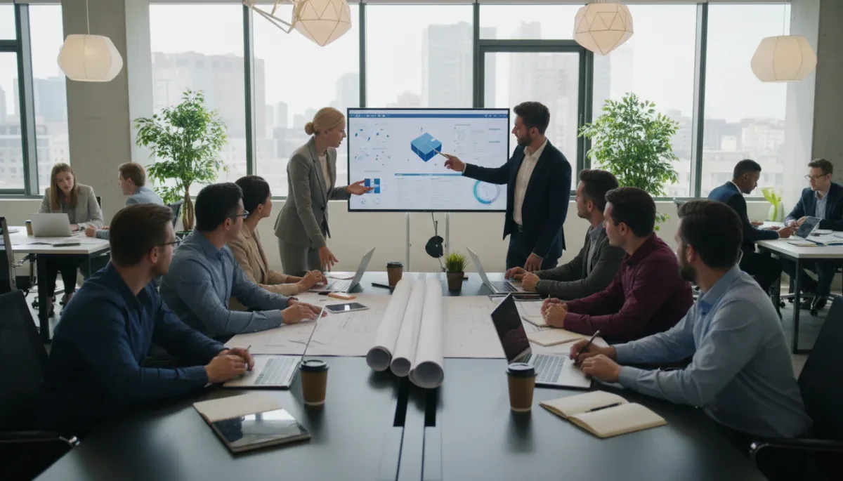 Equipo de profesionales colaborando en un proyecto de innovación y planificación estratégica.