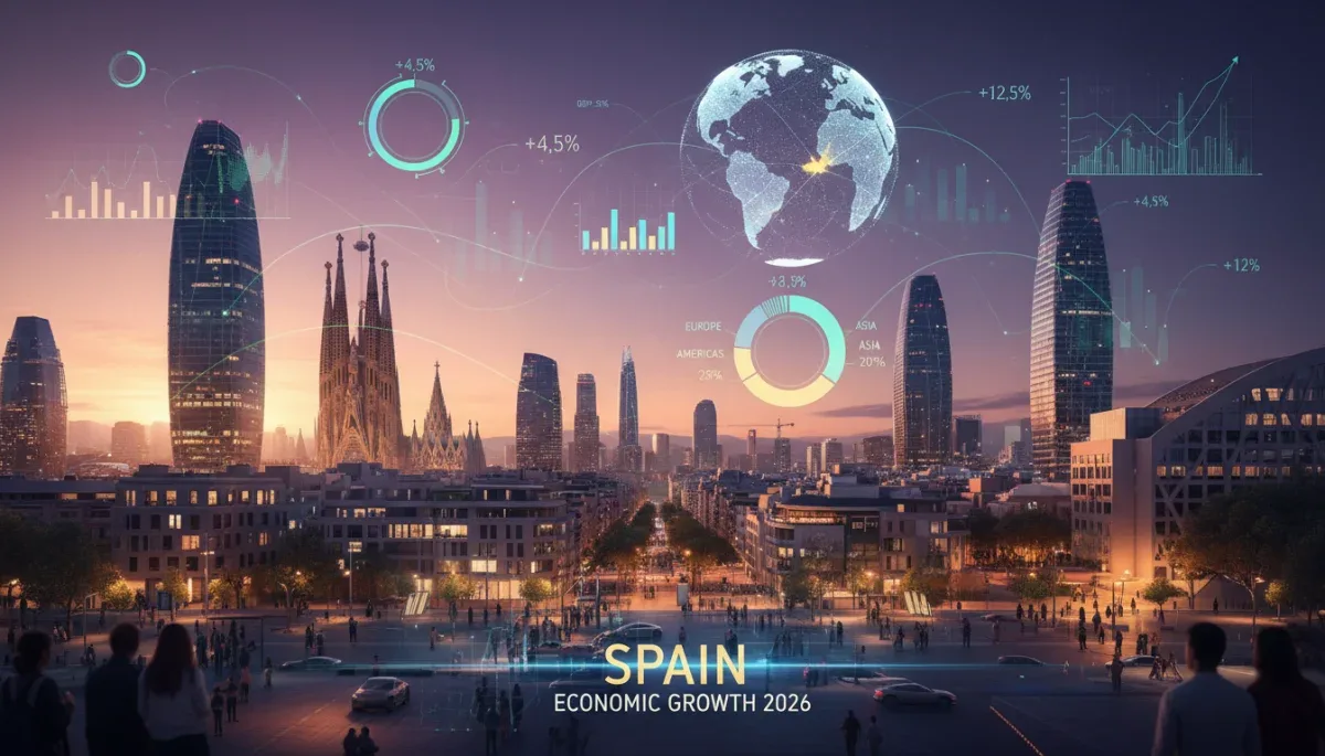 Paisaje urbano español moderno con gráficos digitales, simbolizando la inversión extranjera y el crecimiento económico en España en 2026.