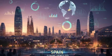Paisaje urbano español moderno con gráficos digitales, simbolizando la inversión extranjera y el crecimiento económico en España en 2026.