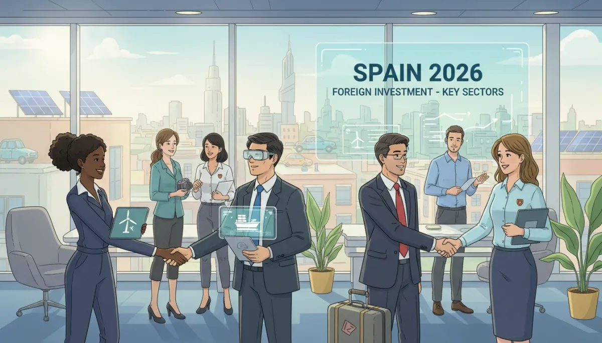 Profesionales diversos colaborando en una oficina moderna, representando los sectores clave de inversión en España.