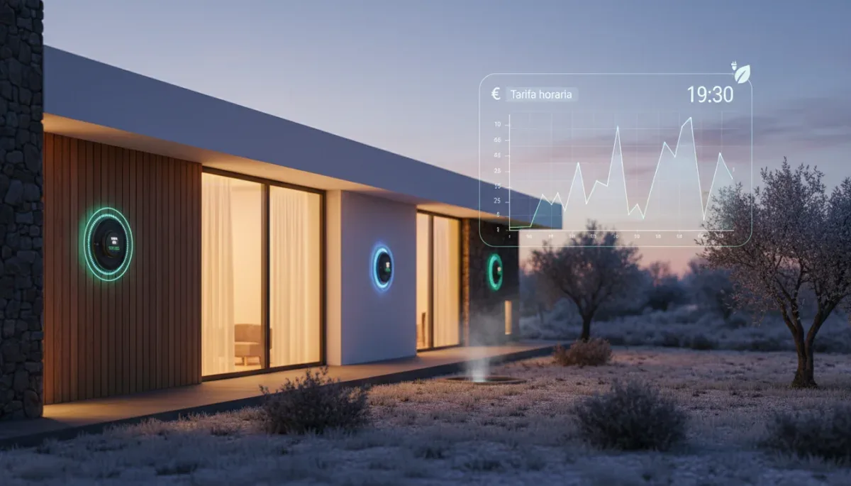 Hogar eficiente con medidor de energía inteligente y gráfico de precios de luz en invierno