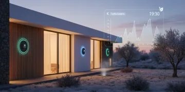 Hogar eficiente con medidor de energía inteligente y gráfico de precios de luz en invierno