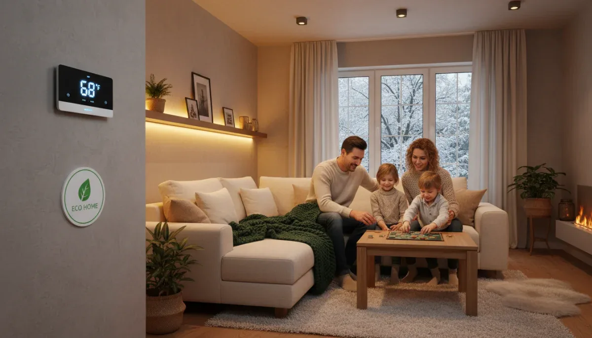 Familia en salón acogedor con iluminación eficiente y termostato inteligente