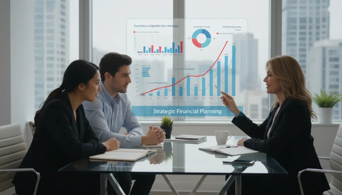 Asesor financiero explicando opciones de hipoteca y tipos de interés