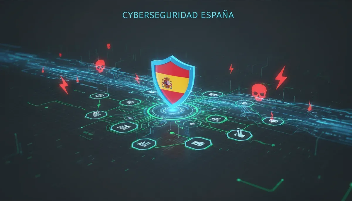 Mapa digital de España con escudo protector, representando la ciberseguridad empresarial.