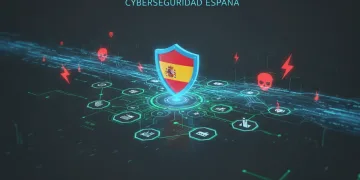 Mapa digital de España con escudo protector, representando la ciberseguridad empresarial.