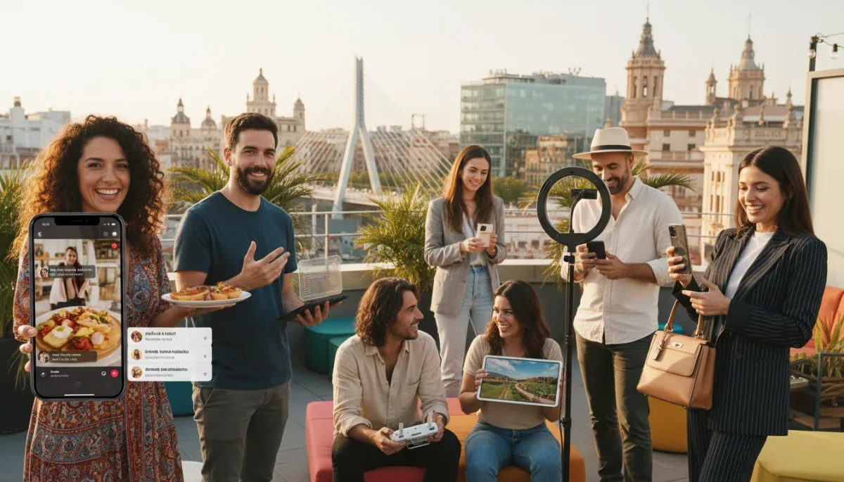 Grupo diverso de micro-influencers españoles interactuando con sus audiencias