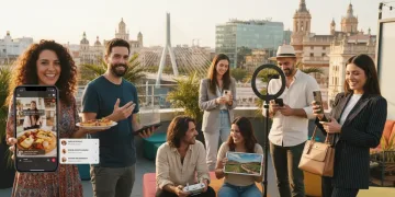 Grupo diverso de micro-influencers españoles interactuando con sus audiencias