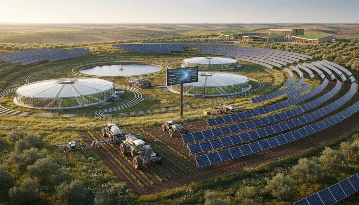 Campo agrícola español moderno con tecnología sostenible y paneles solares, reflejando la adaptación a la PAC 2026.