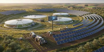 Campo agrícola español moderno con tecnología sostenible y paneles solares, reflejando la adaptación a la PAC 2026.