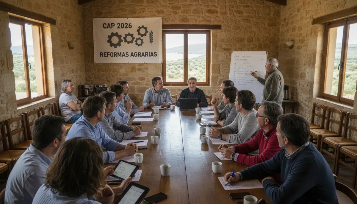 Agricultores españoles debatiendo sobre las nuevas normativas de la PAC 2026 en una reunión.