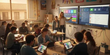 Estudiantes españoles inmersos en una experiencia de aprendizaje gamificada con tabletas y pizarras interactivas