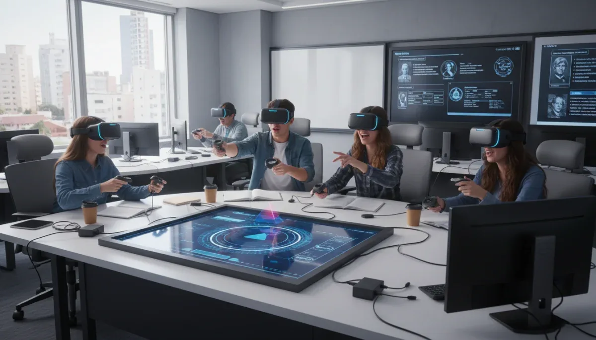 Estudiantes colaborando en un entorno de aprendizaje de realidad virtual gamificado en un aula moderna española