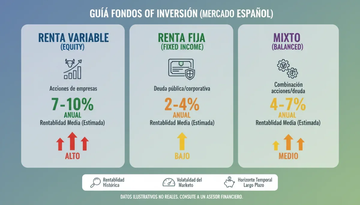 Infografía comparativa de diferentes tipos de fondos de inversión y sus rendimientos medios en España.