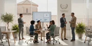 Profesionales diversos colaborando con ética en una oficina moderna en España, construyendo confianza.
