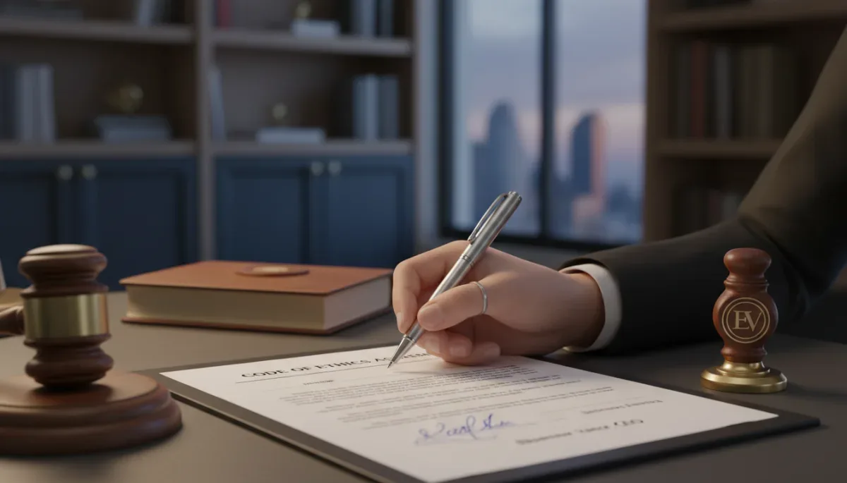 Mano firmando un documento, simbolizando compromiso e integridad profesional.