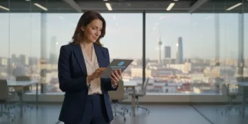 Mujer profesional gestionando su marca personal en un entorno moderno español.