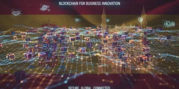 Red blockchain digital con nodos interconectados, representando tendencias empresariales en España.