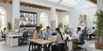 Oficina moderna con empleados en trabajo híbrido en España, colaborando presencial y remotamente.
