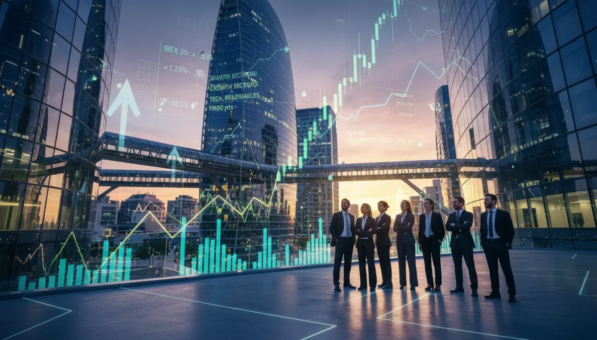Panorama financiero español con gráficos de crecimiento y símbolos de inversión para 2026