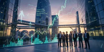 Panorama financiero español con gráficos de crecimiento y símbolos de inversión para 2026
