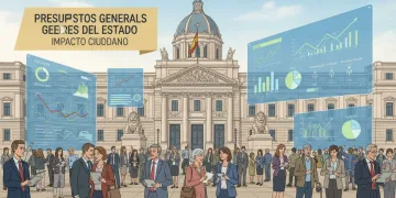 Edificio del Congreso de los Diputados con gráficos financieros y ciudadanos, simbolizando el presupuesto del Estado 2026 y su impacto.