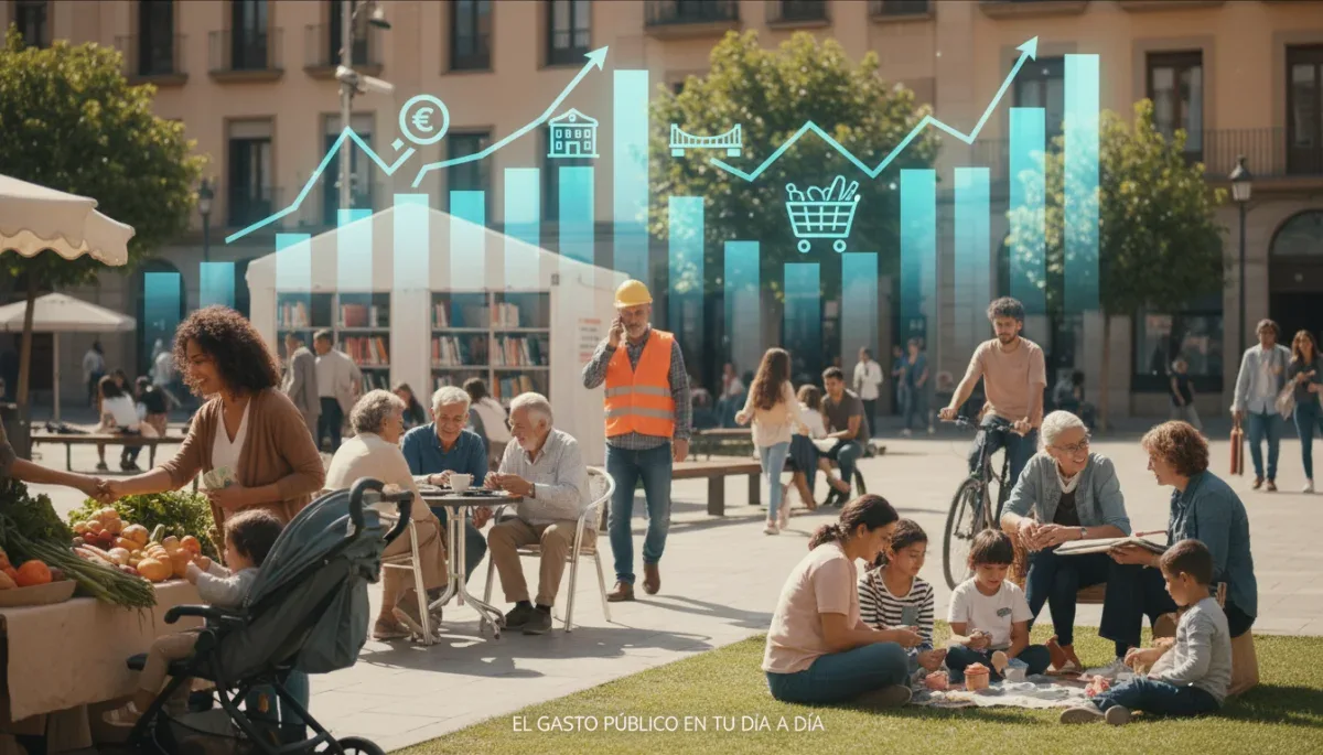 Grupo diverso de ciudadanos españoles en sus rutinas diarias, con gráficos económicos superpuestos, representando el efecto del presupuesto en sus vidas.